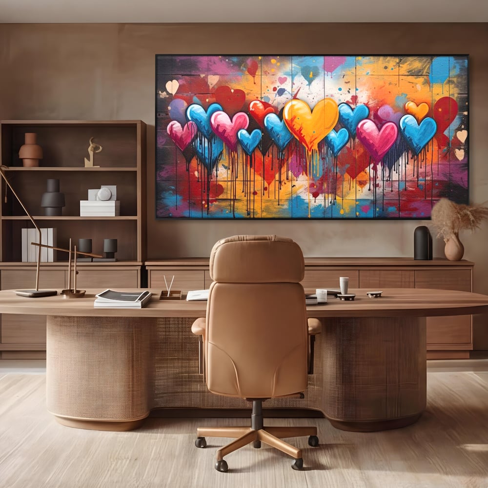 Tablou canvas cu tablou canvas cu inimi colorate, in rama de aluminiu negru, pe perete intr-un birou